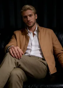High-quality men's tan stand-collar jacket worn over a white linen shirt in a studio setting