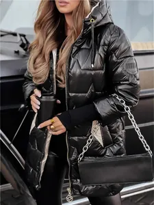 Stylish women's glossy black hooded puffer jacket with a modern mid-length design