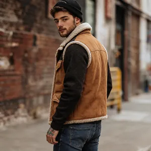 Close-up detail of brown suede men's outdoor vest with warm faux shearling lining