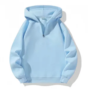 Casual oversized half-zip hooded sweatshirt in light blue with ribbed cuffs and hem