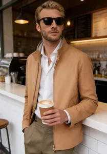 Man wearing a tan stand-collar jacket holding coffee in a modern cafe setting