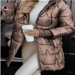 Women's metallic bronze mid-length hooded puffer jacket with star-pattern quilting