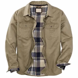 Front view of men's heavy khaki canvas jacket with plaid flannel lining and chest pockets