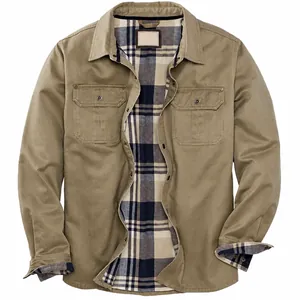 Front view of men's heavy khaki canvas jacket with plaid flannel lining and chest pockets
