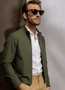 Men's minimalist olive green stand collar jacket for spring and autumn outdoor style