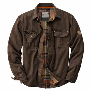 Durable men's heavy-duty brown canvas jacket featuring vintage plaid lining and chest pockets