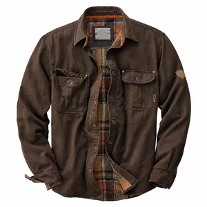 Durable men's heavy-duty brown canvas jacket featuring vintage plaid lining and chest pockets