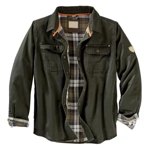Detail of men's heavy-duty motorcycle jacket with plaid lining and olive green canvas