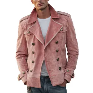 Chaqueta de cuero rosa vintage para hombre con botones de doble botonadura y hombreras