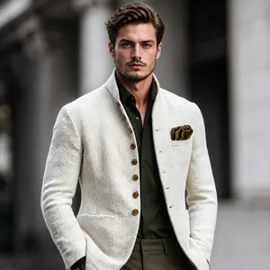 Macro detail of a men's slim fit stand collar textured white blazer with stylish brown buttons