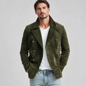 Giacca doppiopetto da uomo in pelle scamosciata verde scuro vintage per un look autunnale alla moda