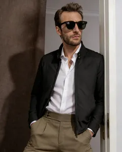 Stylish men's black stand collar jacket worn by a model in a sophisticated setting