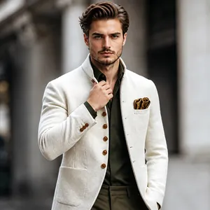 Detail of a white textured slim-fit jacket with a stand collar and brown buttons.