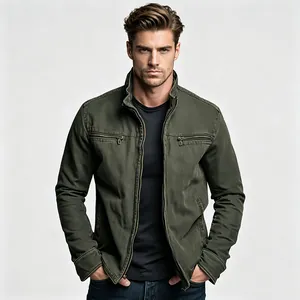 Detail showing olive green military style jacket with functional zipper chest pockets