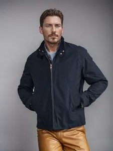 Front view of a men's stylish navy blue casual zip-up jacket with a stand collar