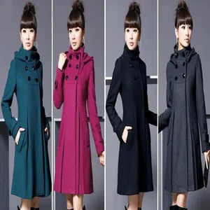 Stylish women's double-breasted hooded wool coat available in four vibrant colors