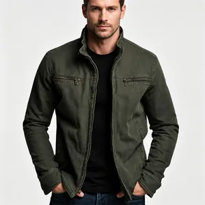 Men's Retro Workwear Cargo Jacket Stand Collar Zipper Casual Solid Color Outerwear For Spring Autumn Multi-Pocket Top