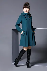 Elegante blauwgroene wollen jas met capuchon voor dames, dubbele rij knopen en zakken