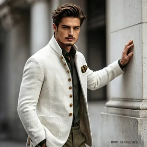 Professional shot of a men's slim fit stand collar jacket in white textured fabric.