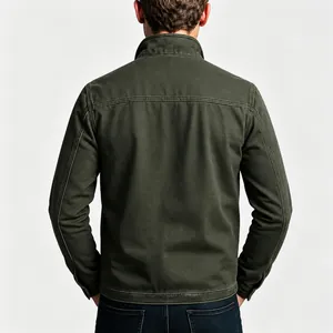 Back view detail of men's vintage olive green military work jacket with sturdy seams