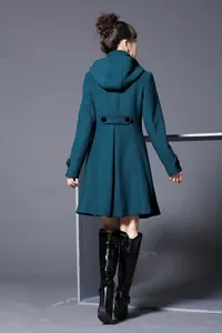 Back view of teal hooded wool coat for women in elegant A-line silhouette