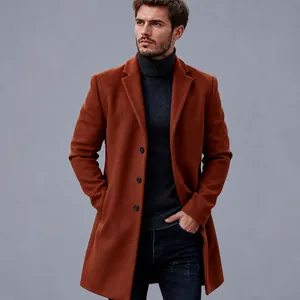 Close-up detail of a rust-colored men's British style medium-length wool trench coat