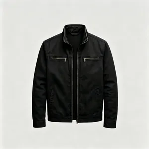 Front view of a sleek black men's racer jacket with multi-pocket functional design details