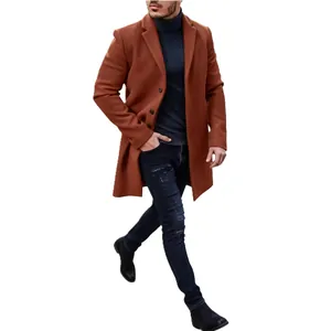 Rust orange men's British style mid-length wool overcoat with single-breasted lapels