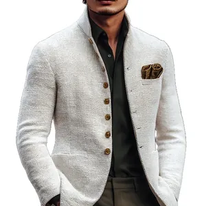 Men's slim fit off-white casual stand collar blazer with buttons and pocket square