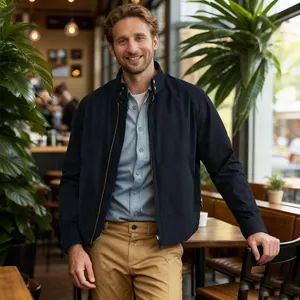 Minimalist men's navy blue stand collar zip-up jacket for spring and autumn wear
