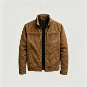 Detail view of a men's vintage brown utility jacket with zipper pockets and a stand collar.