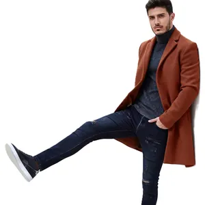Professional full-length view of a men's rust-brown mid-length wool winter coat