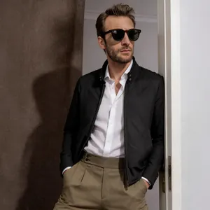 Classic black stand collar zipper jacket for men, minimalist spring autumn outerwear style