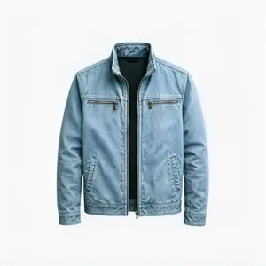 Detailed view of a men's vintage light blue washed jacket with functional chest zippers.