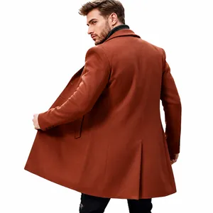 Detailed back view of a men's British style mid-length wool coat in reddish-brown color