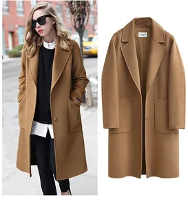 Elegant camel long wool coat with large pockets and classic lapel for women winter