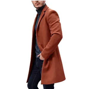 Detailed side view of a men's rust wool overcoat, perfect for stylish autumn and winter wear