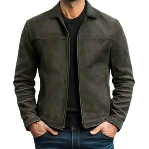 Veste en daim vert olive pour homme avec col à revers et fermeture éclair décontractée