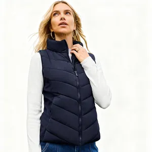Detailed view of navy blue quilted puffer vest for women with stand-up collar design