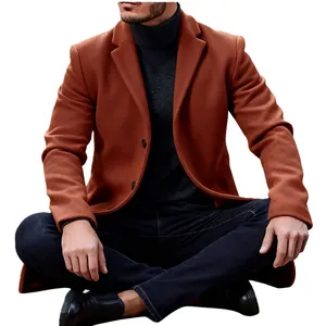 Detailed shot of rust-colored men's British style thick wool coat with notched lapels