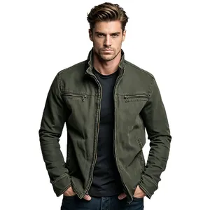 Premium men's vintage olive green workwear jacket with stylish zipper pockets for spring