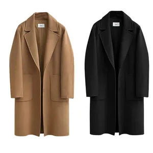 Long loose-fit double-sided wool coats in camel and black colors for autumn and winter season