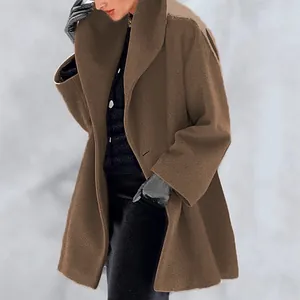 Women's Fashion Loose Fit Woolen Coat Polyester Solid Color Lapel Hooded Mid-Length Outerwear Casual Commuter Style Top