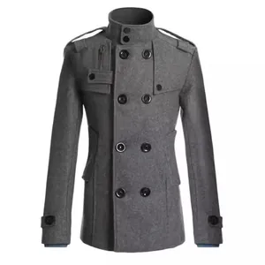 Men's slim fit wool blend pea coat with double breasted buttons and stand collar