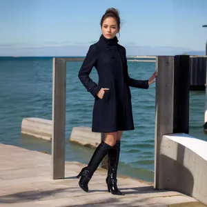 Women Elegant Double-Breasted Hooded Woolen Coat Mid-Length A-Line Cloak Trench Coat Outerwear For Autumn Winter