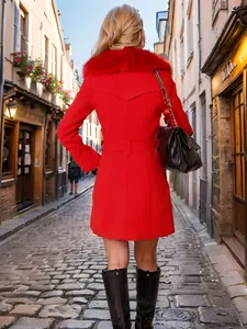 Vista posteriore cappotto lana rosso con un lussuoso collo in pelliccia