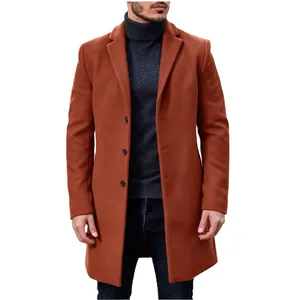 British Style Men's Mid-length Woolen Coat Thickened Winter Overcoat Lapel Slim Fit Polyester Long Jacket Caramel Grey Black