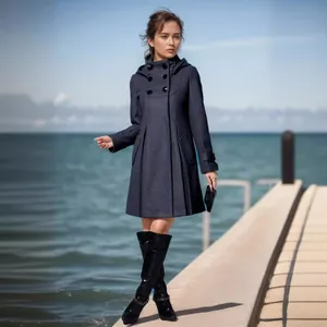 Elegant mid-length navy hooded wool coat for women featuring double-breasted buttons