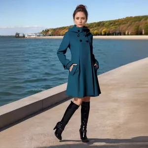 Elegant teal women's hooded wool coat mid-length double-breasted cape style windbreaker