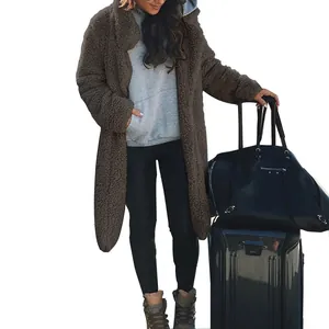 Full body view of women's long chocolate brown teddy fleece coat for winter